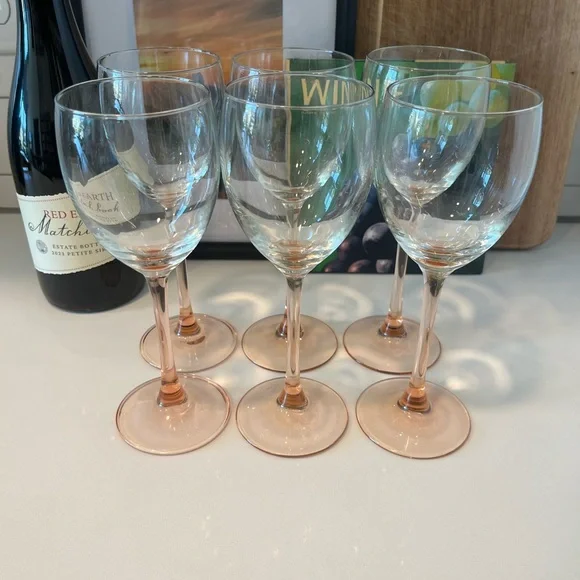 Set of 6 vintage Luminarc pink stem wine glasses, 7.75” tall, mid-century modern - Picture 3 of 5
